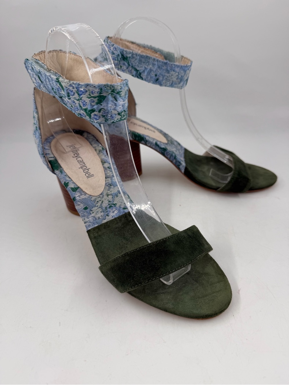 Jeffrey Campbell Purdy Blue Fabric Floral -SZ 8- Green Suede Block Heels Sandals - Picture 2 of 14